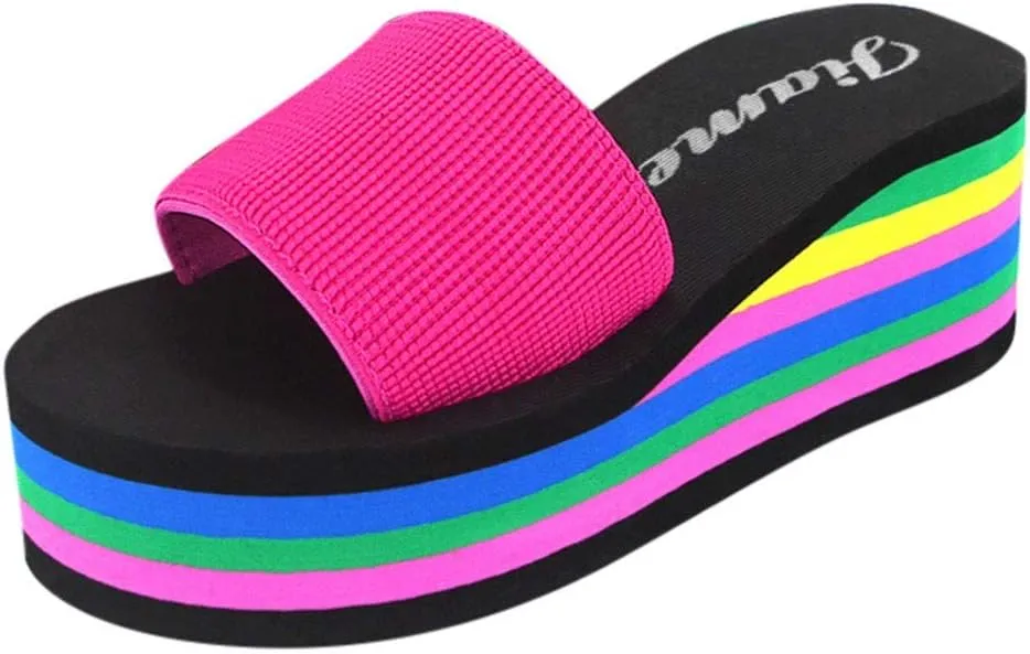 Women’s Rainbow Platform Wedge Sandals Open Toe Casual Summer High Heel Slides Sandal Slip On Y2k Beach Slippers