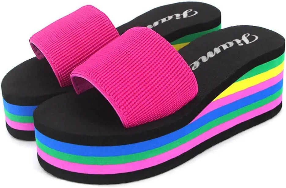 Women’s Rainbow Platform Wedge Sandals Open Toe Casual Summer High Heel Slides Sandal Slip On Y2k Beach Slippers