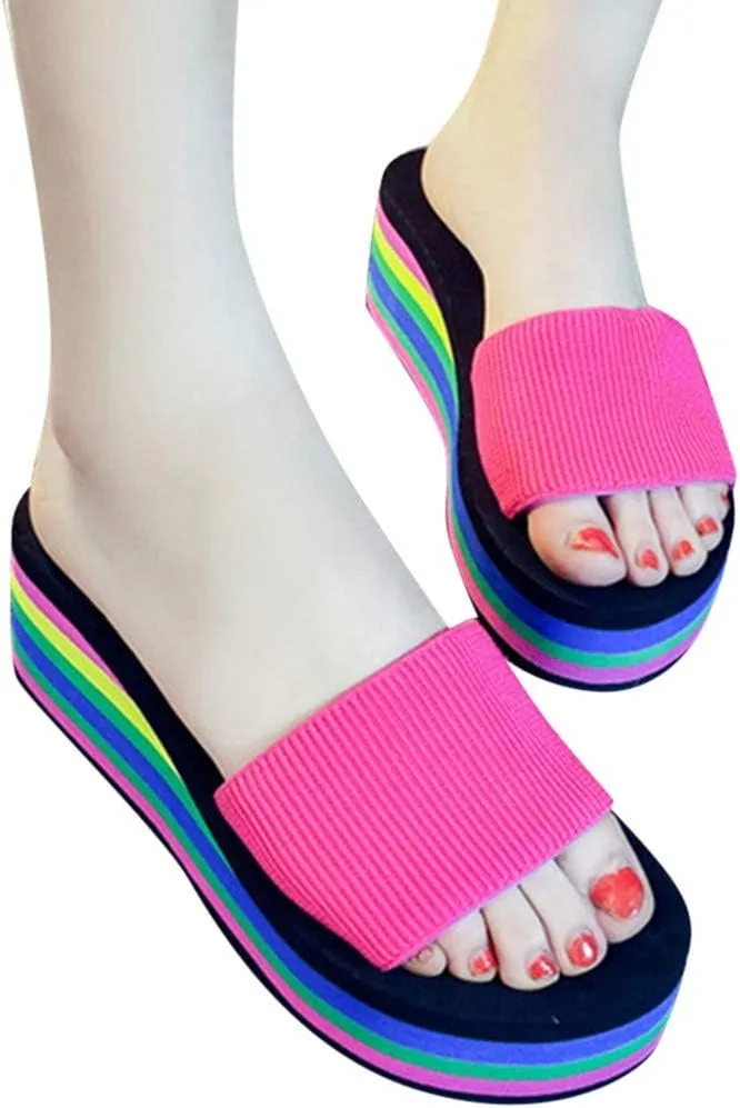 Women’s Rainbow Platform Wedge Sandals Open Toe Casual Summer High Heel Slides Sandal Slip On Y2k Beach Slippers