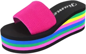 Women’s Rainbow Platform Wedge Sandals Open Toe Casual Summer High Heel Slides Sandal Slip On Y2k Beach Slippers