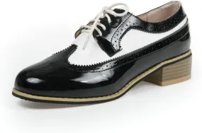 Women's Round Toe Lace-Up Leather Perforated Oxfords Fashion Patchwork Low Chunky Heel Block Wingtip Brogues Pumps Classic Retro Derby Saddle Shoes