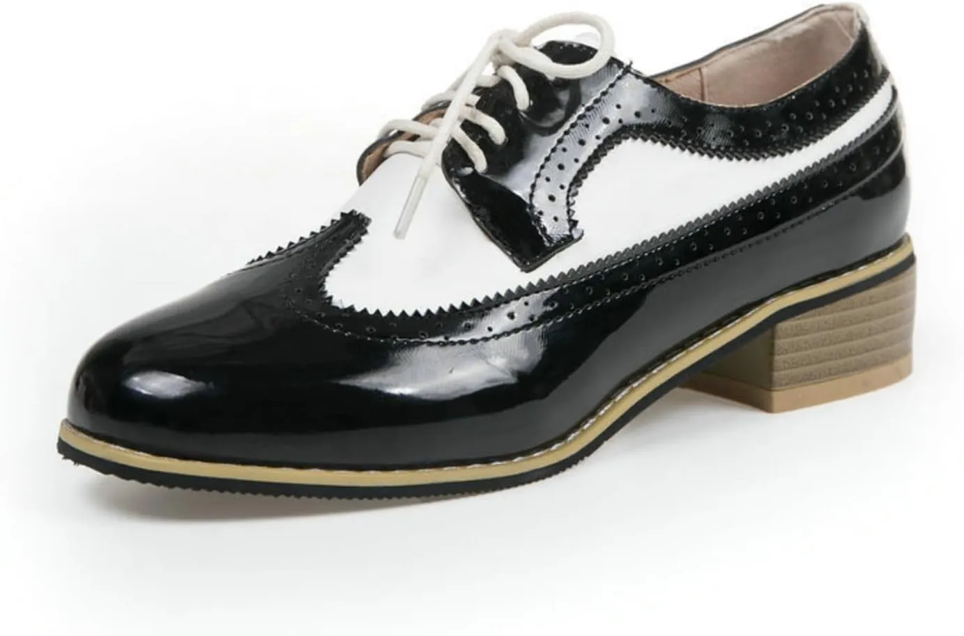 Women's Round Toe Lace-Up Leather Perforated Oxfords Fashion Patchwork Low Chunky Heel Block Wingtip Brogues Pumps Classic Retro Derby Saddle Shoes