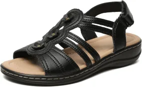 Womens Sandals Flats Comfort Leather Walking Orthopedic Sandals Casual Summer Shoes with Arch Support for Dressy Beach Hiking Vacation Camping Travel Pool Shopping Dating Water sports