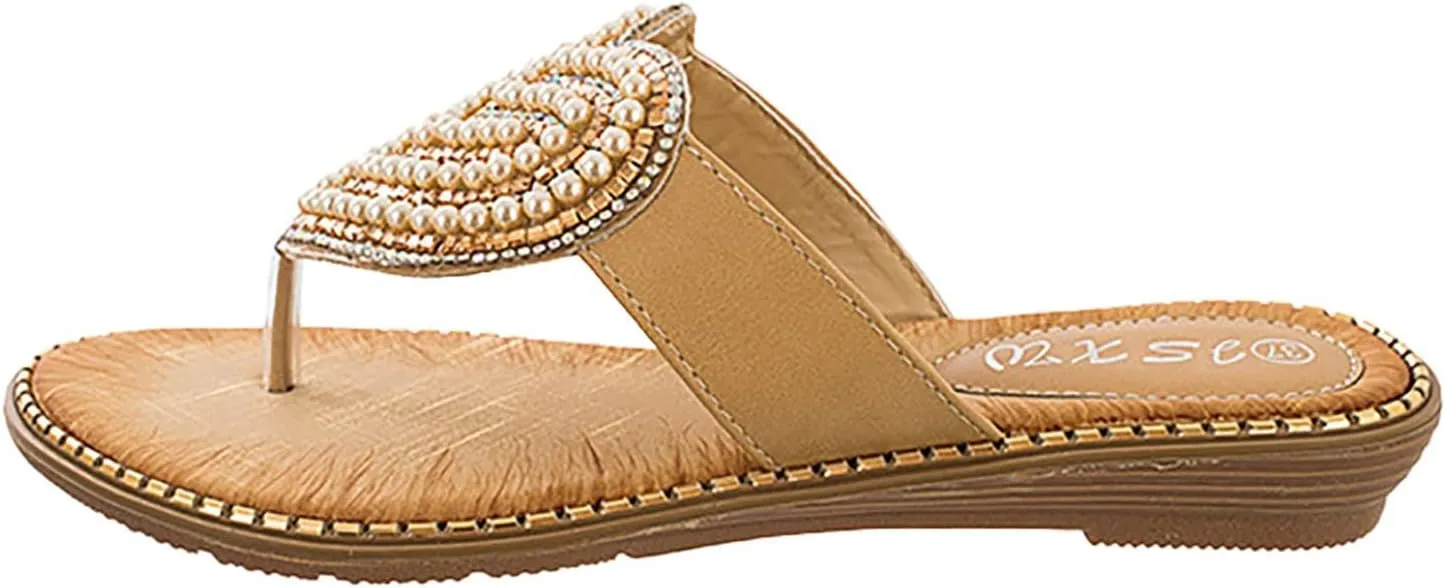 Womens Sandals Summer Sparkle Pearl Flip Flops Fashion Thong Rhinestone Bling Slippers Open Toe Beach Shoes Glitter Shiny Slip-On Jeweled Shoes