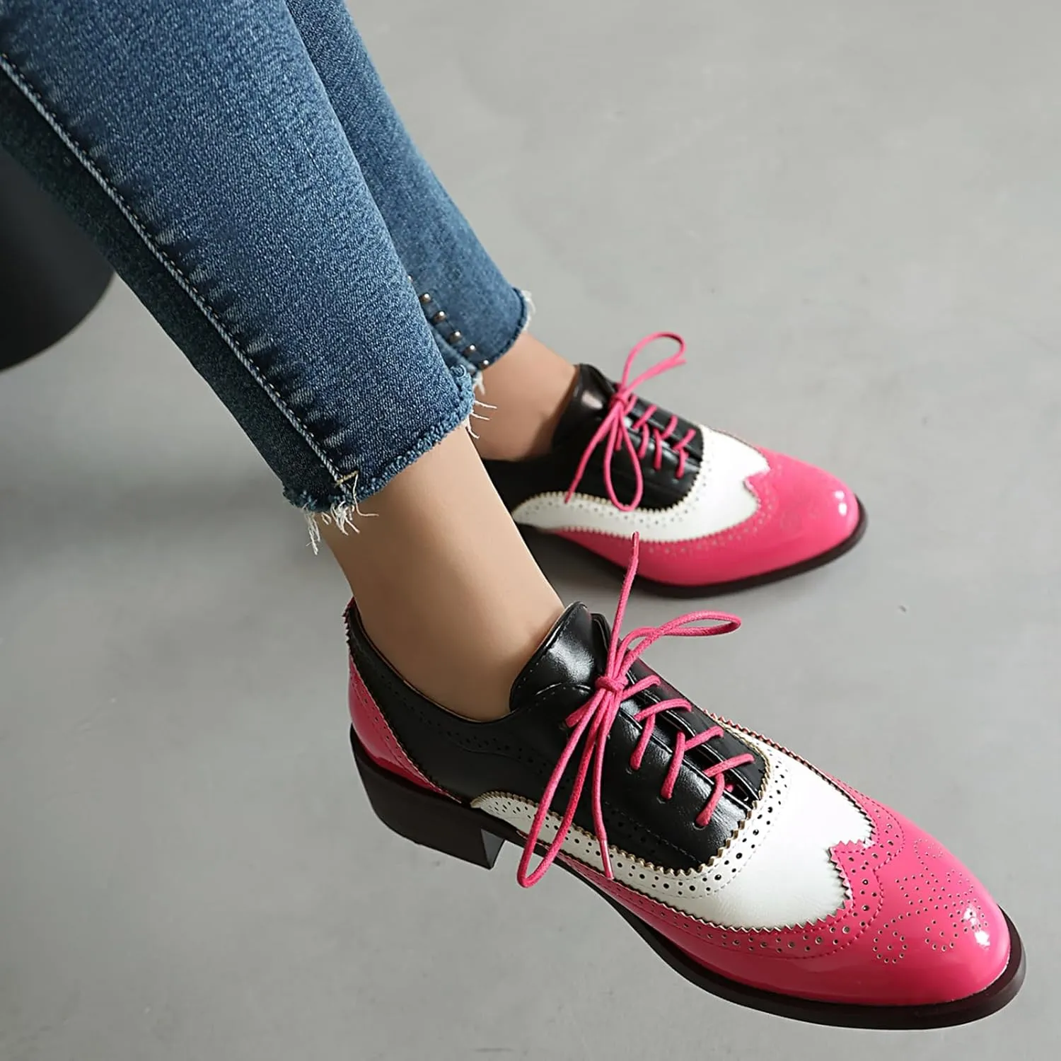 Women's Wingtips Lace Up Chunky Low Heels Oxfords Colorful Brogue Pumps Closed Toe Vintage Perforated Derby Dress Leather Shoes
