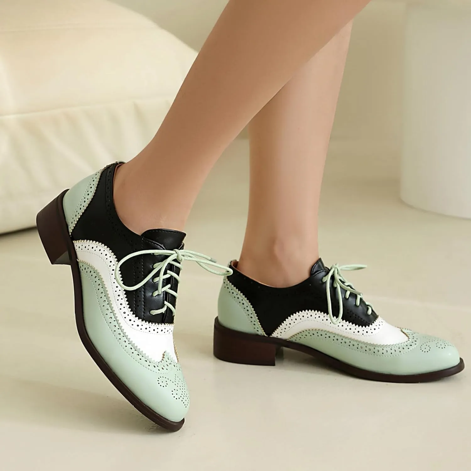 Women's Wingtips Lace Up Chunky Low Heels Oxfords Colorful Brogue Pumps Closed Toe Vintage Perforated Derby Dress Leather Shoes