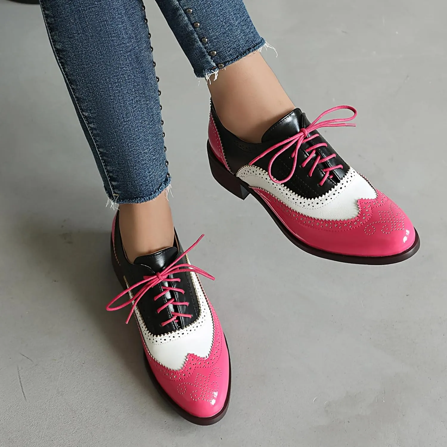Women's Wingtips Lace Up Chunky Low Heels Oxfords Colorful Brogue Pumps Closed Toe Vintage Perforated Derby Dress Leather Shoes