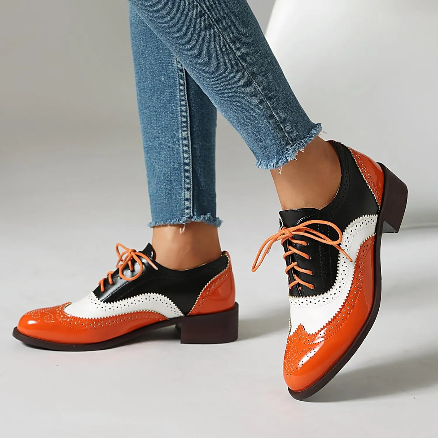 Women's Wingtips Lace Up Chunky Low Heels Oxfords Colorful Brogue Pumps Closed Toe Vintage Perforated Derby Dress Leather Shoes