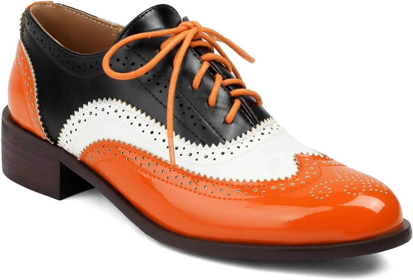 Women's Wingtips Lace Up Chunky Low Heels Oxfords Colorful Brogue Pumps Closed Toe Vintage Perforated Derby Dress Leather Shoes