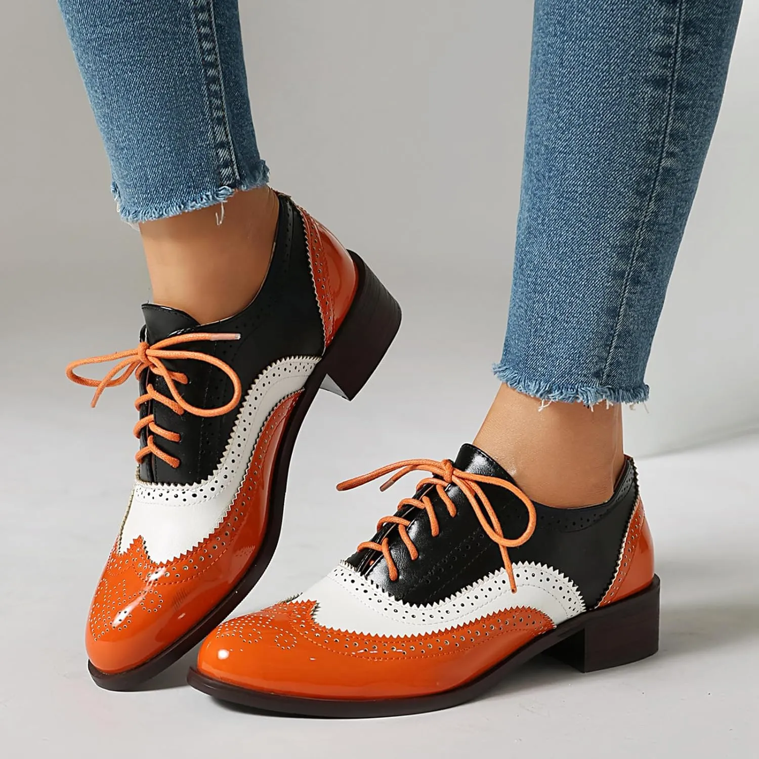 Women's Wingtips Lace Up Chunky Low Heels Oxfords Colorful Brogue Pumps Closed Toe Vintage Perforated Derby Dress Leather Shoes