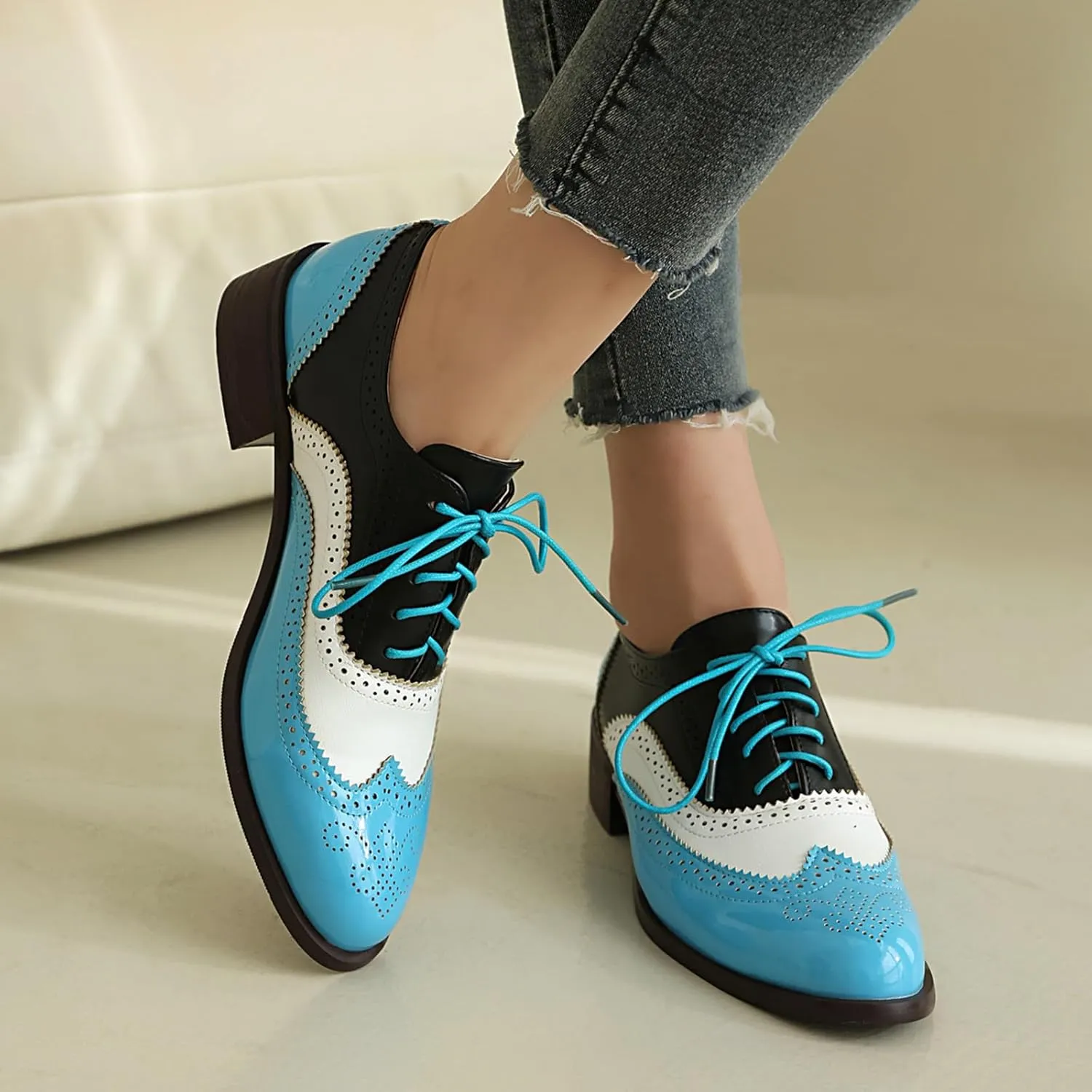 Women's Wingtips Lace Up Chunky Low Heels Oxfords Colorful Brogue Pumps Closed Toe Vintage Perforated Derby Dress Leather Shoes