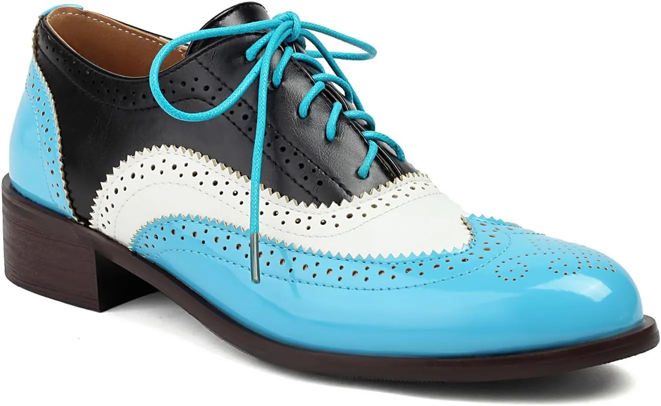 Women's Wingtips Lace Up Chunky Low Heels Oxfords Colorful Brogue Pumps Closed Toe Vintage Perforated Derby Dress Leather Shoes
