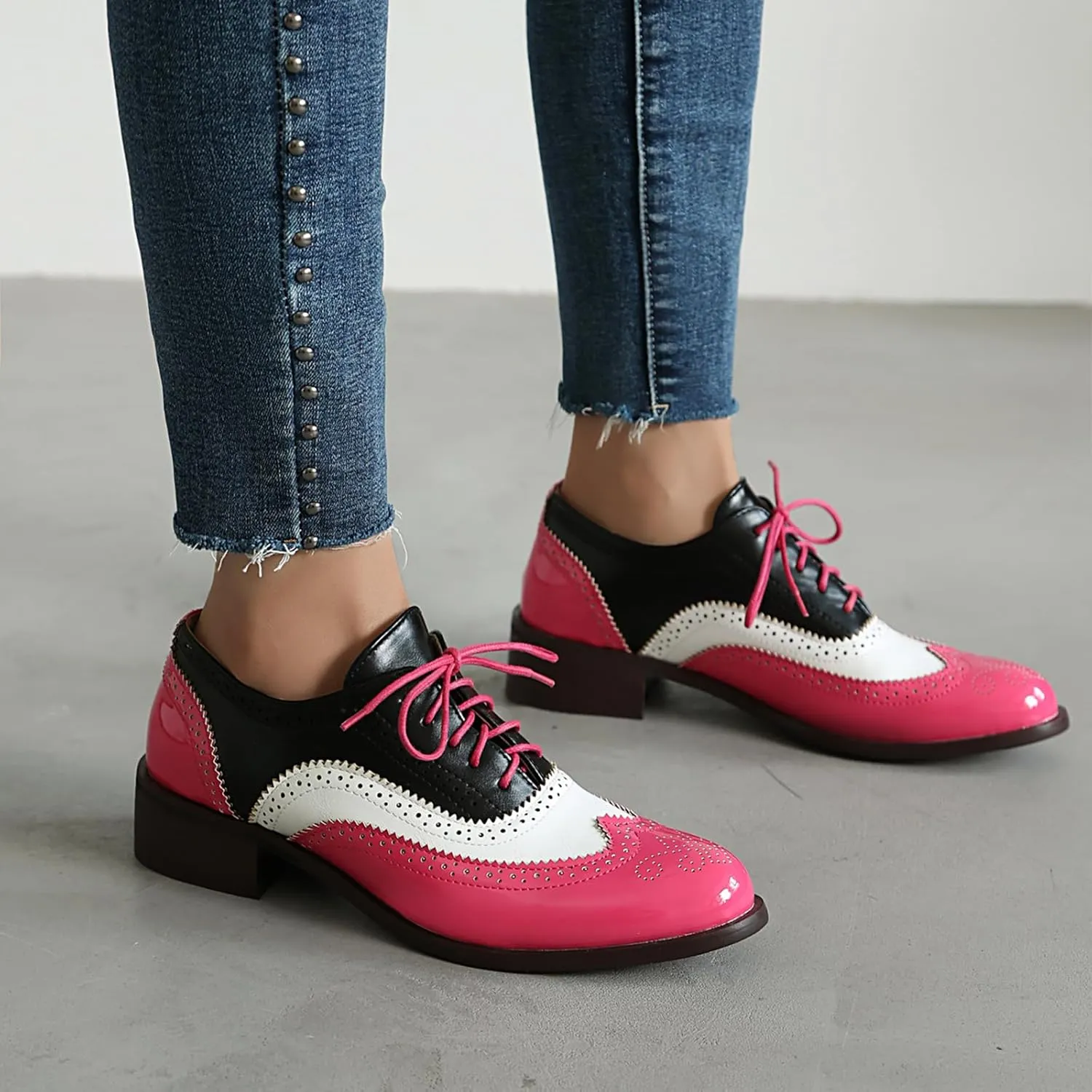 Women's Wingtips Lace Up Chunky Low Heels Oxfords Colorful Brogue Pumps Closed Toe Vintage Perforated Derby Dress Leather Shoes
