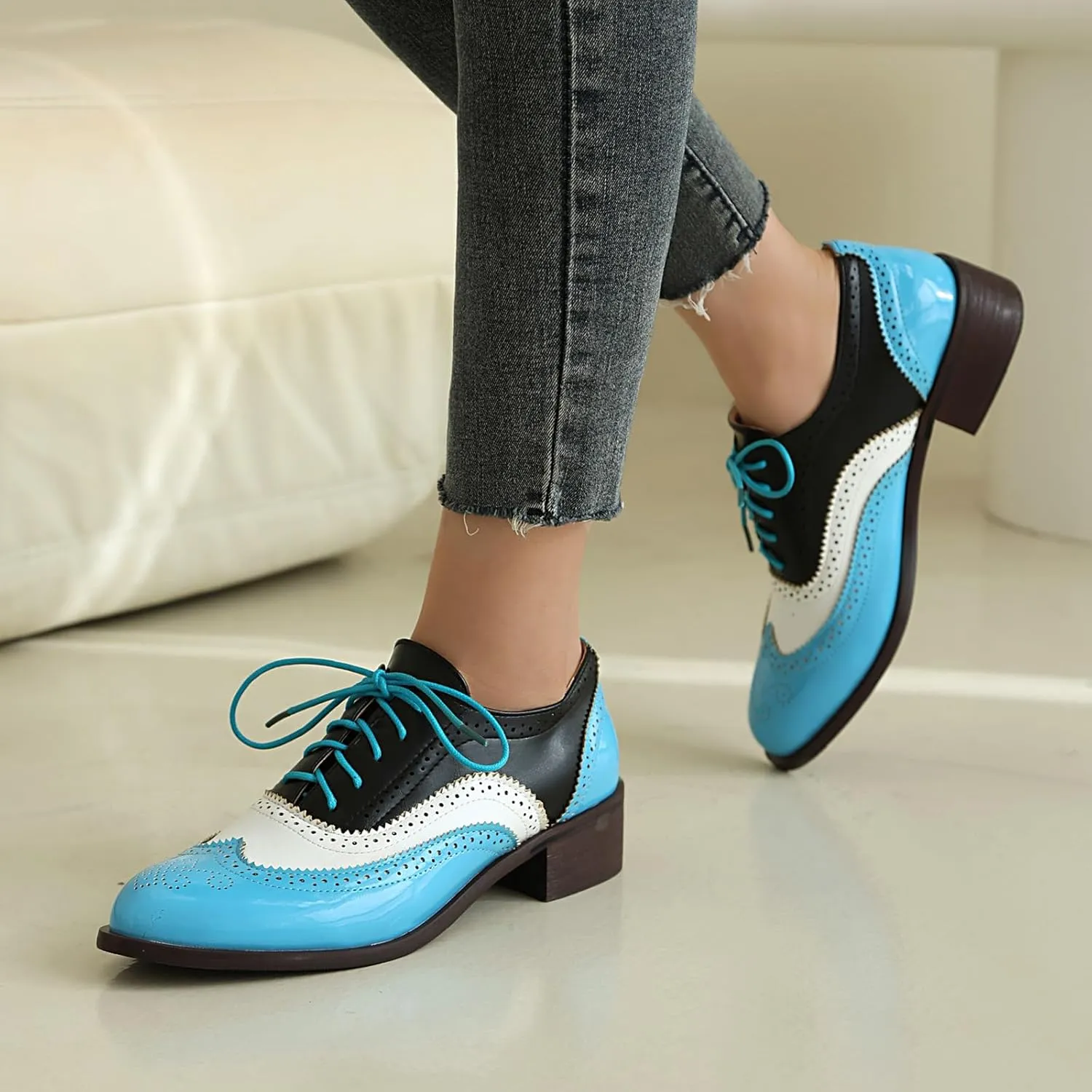 Women's Wingtips Lace Up Chunky Low Heels Oxfords Colorful Brogue Pumps Closed Toe Vintage Perforated Derby Dress Leather Shoes