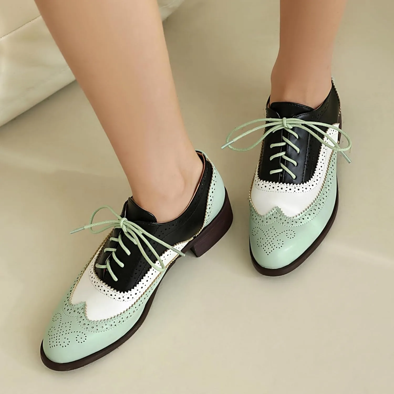 Women's Wingtips Lace Up Chunky Low Heels Oxfords Colorful Brogue Pumps Closed Toe Vintage Perforated Derby Dress Leather Shoes