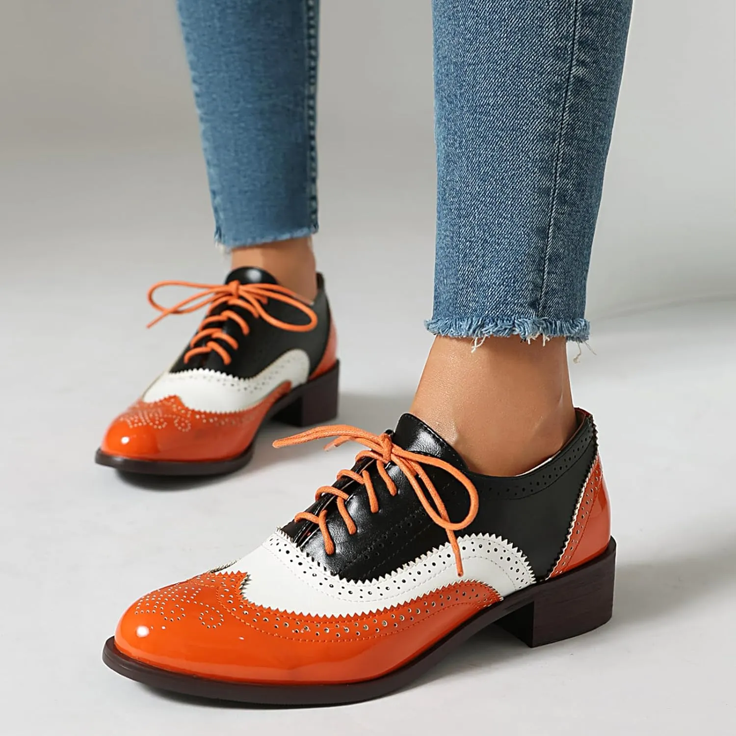 Women's Wingtips Lace Up Chunky Low Heels Oxfords Colorful Brogue Pumps Closed Toe Vintage Perforated Derby Dress Leather Shoes