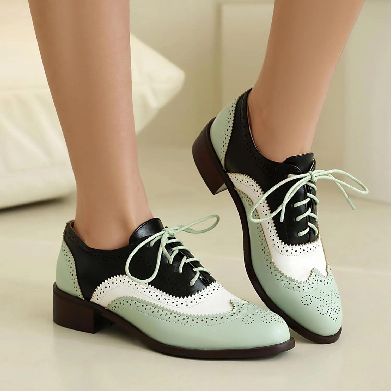 Women's Wingtips Lace Up Chunky Low Heels Oxfords Colorful Brogue Pumps Closed Toe Vintage Perforated Derby Dress Leather Shoes