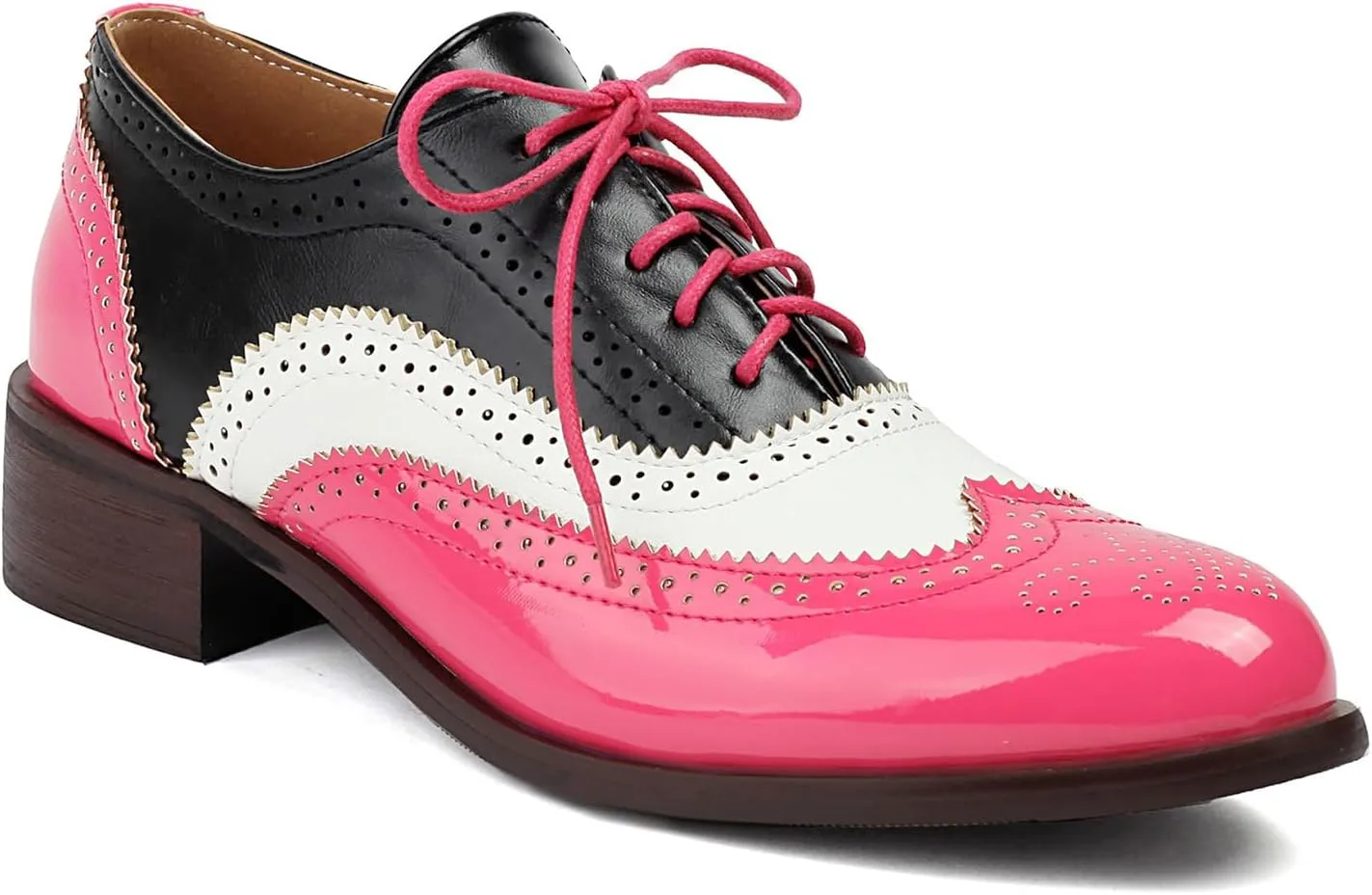 Women's Wingtips Lace Up Chunky Low Heels Oxfords Colorful Brogue Pumps Closed Toe Vintage Perforated Derby Dress Leather Shoes