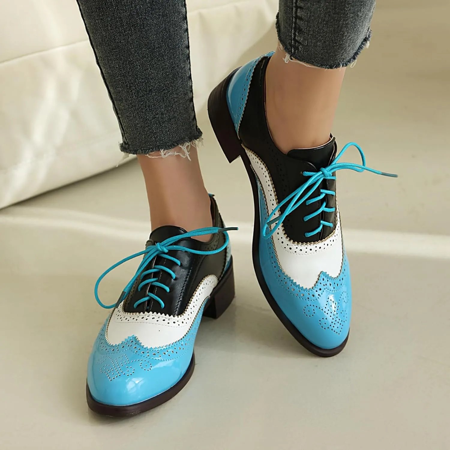 Women's Wingtips Lace Up Chunky Low Heels Oxfords Colorful Brogue Pumps Closed Toe Vintage Perforated Derby Dress Leather Shoes