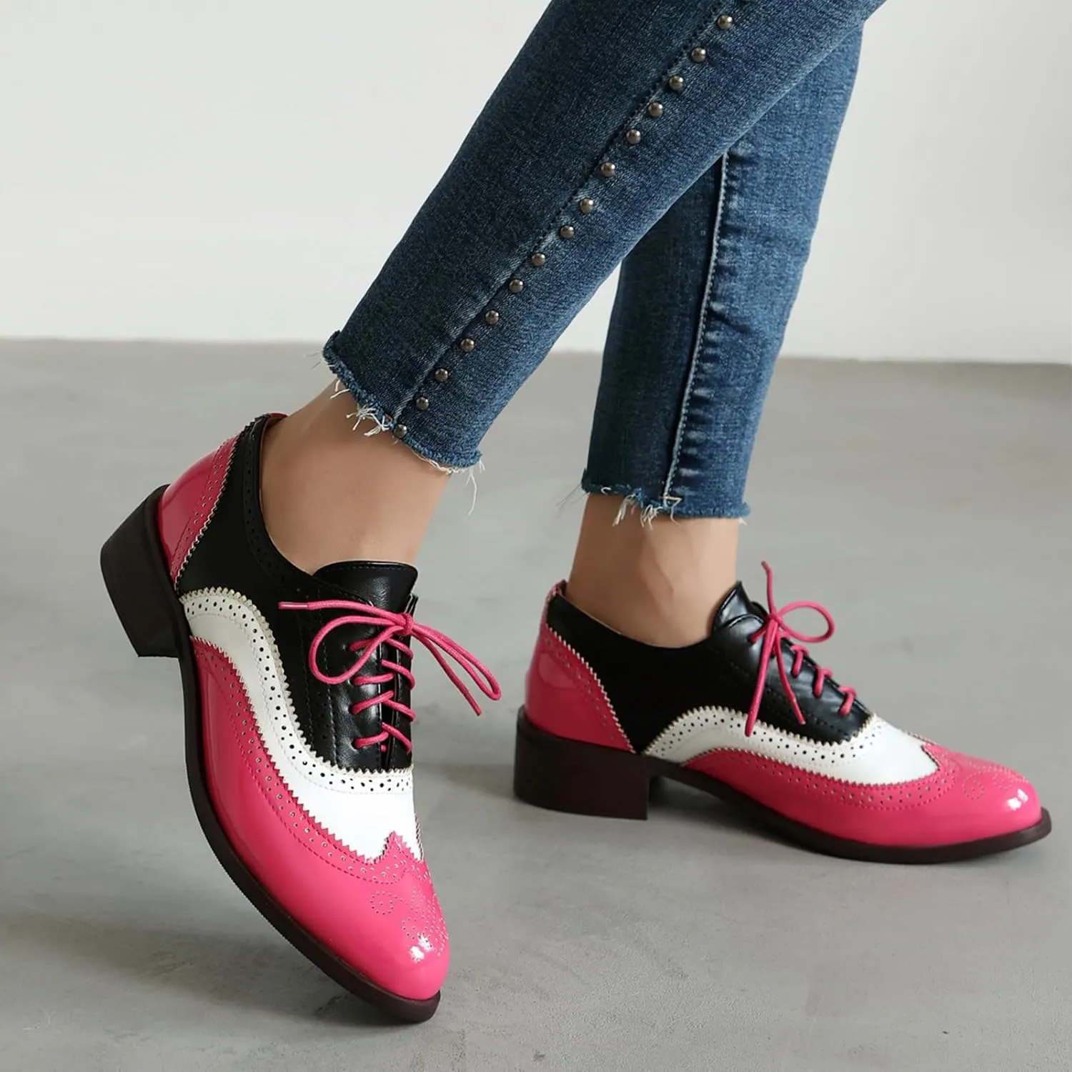 Women's Wingtips Lace Up Chunky Low Heels Oxfords Colorful Brogue Pumps Closed Toe Vintage Perforated Derby Dress Leather Shoes