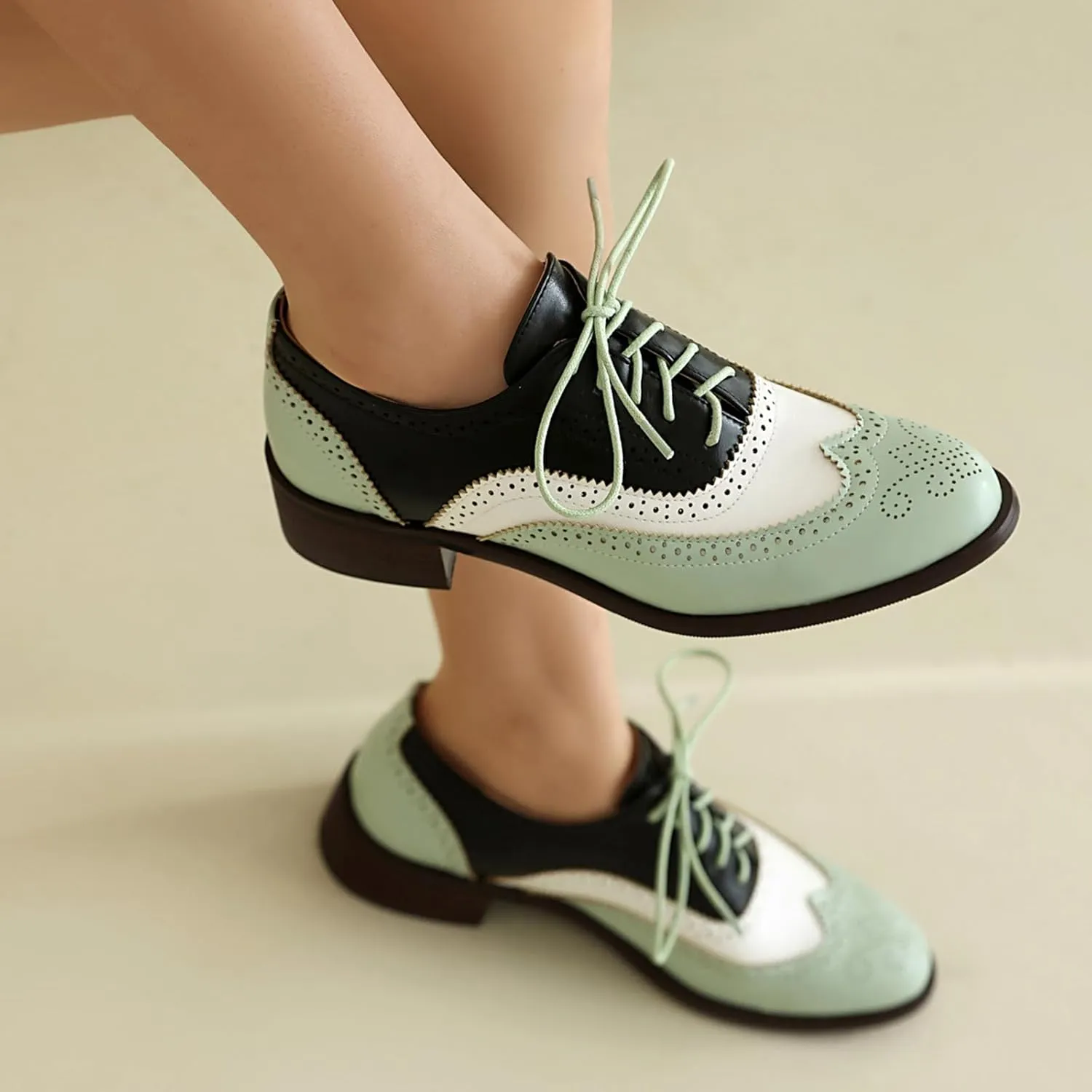 Women's Wingtips Lace Up Chunky Low Heels Oxfords Colorful Brogue Pumps Closed Toe Vintage Perforated Derby Dress Leather Shoes