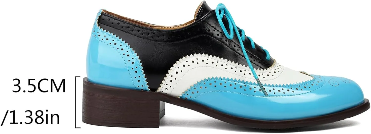 Women's Wingtips Lace Up Chunky Low Heels Oxfords Colorful Brogue Pumps Closed Toe Vintage Perforated Derby Dress Leather Shoes