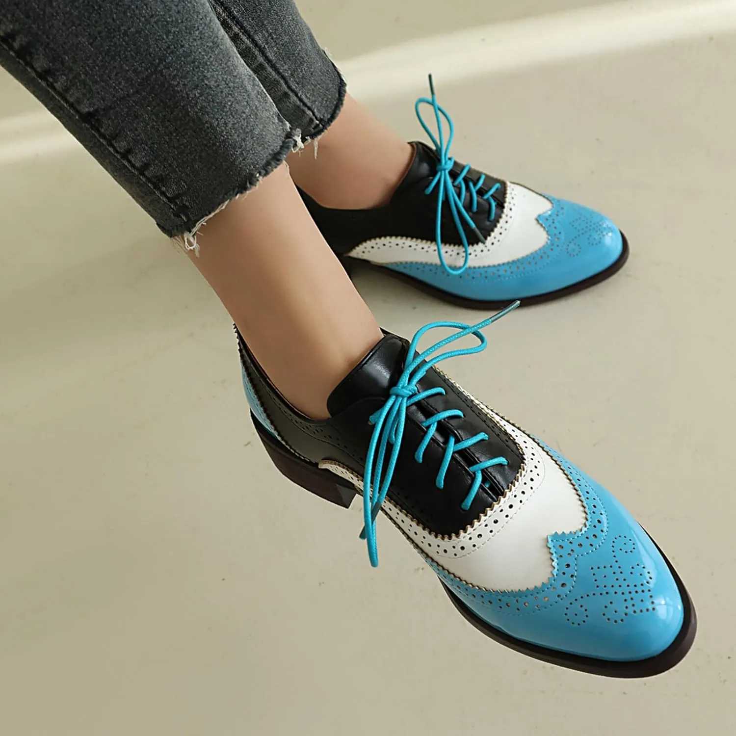 Women's Wingtips Lace Up Chunky Low Heels Oxfords Colorful Brogue Pumps Closed Toe Vintage Perforated Derby Dress Leather Shoes
