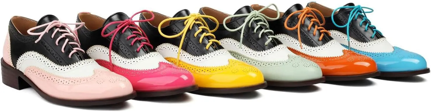 Women's Wingtips Lace Up Chunky Low Heels Oxfords Colorful Brogue Pumps Closed Toe Vintage Perforated Derby Dress Leather Shoes