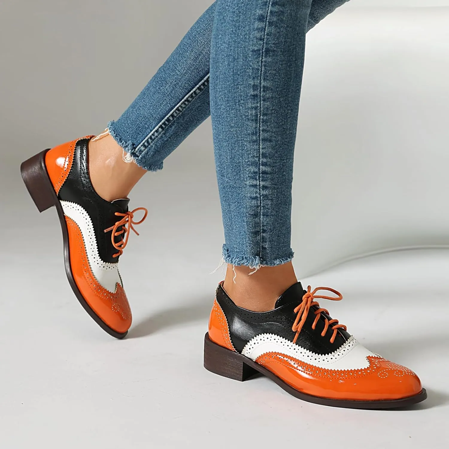 Women's Wingtips Lace Up Chunky Low Heels Oxfords Colorful Brogue Pumps Closed Toe Vintage Perforated Derby Dress Leather Shoes