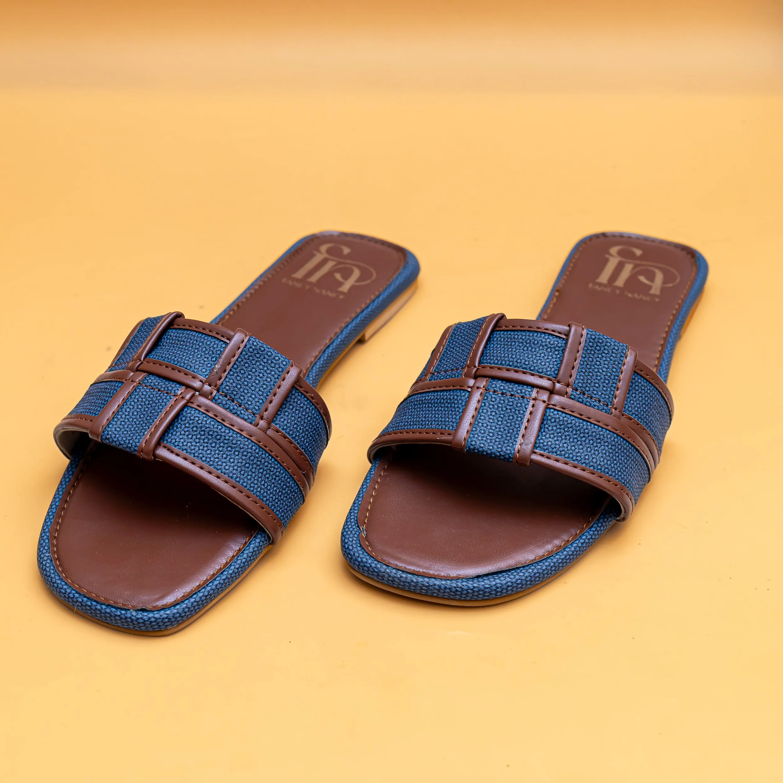 Woven Open Toe Flats - Tan/Blue