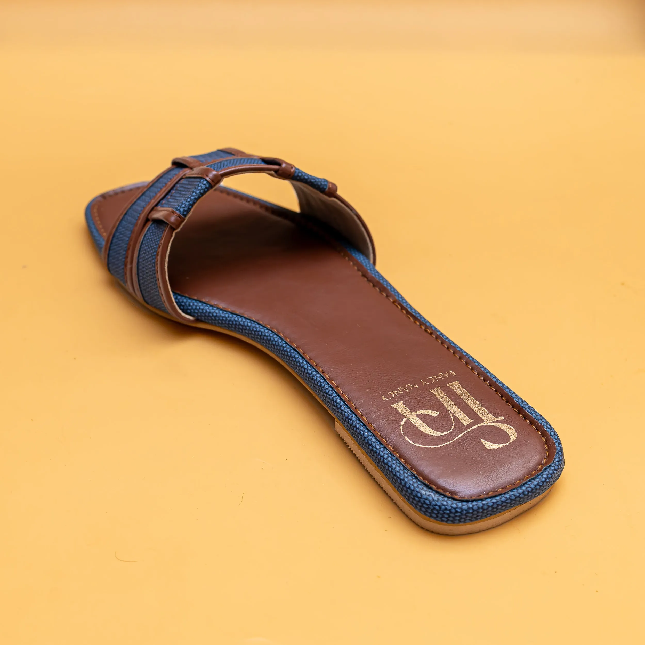 Woven Open Toe Flats - Tan/Blue