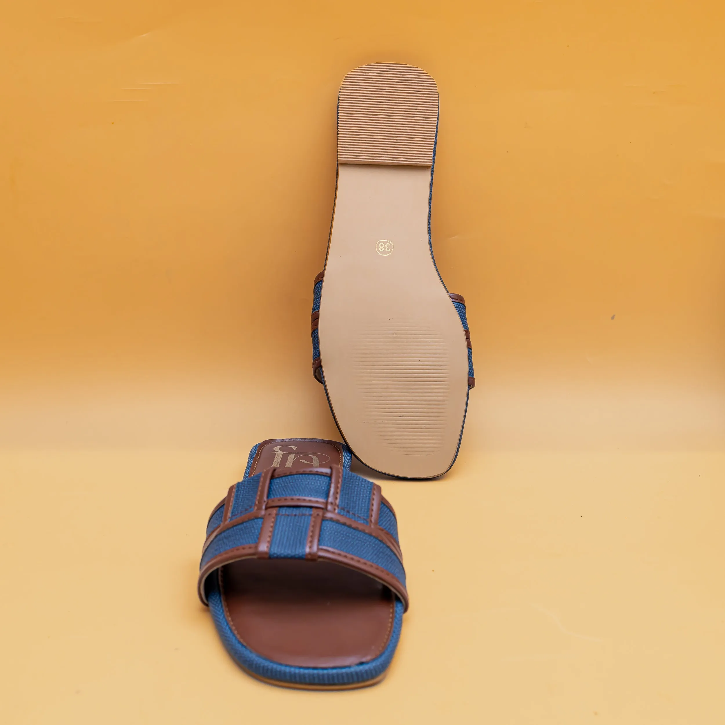 Woven Open Toe Flats - Tan/Blue
