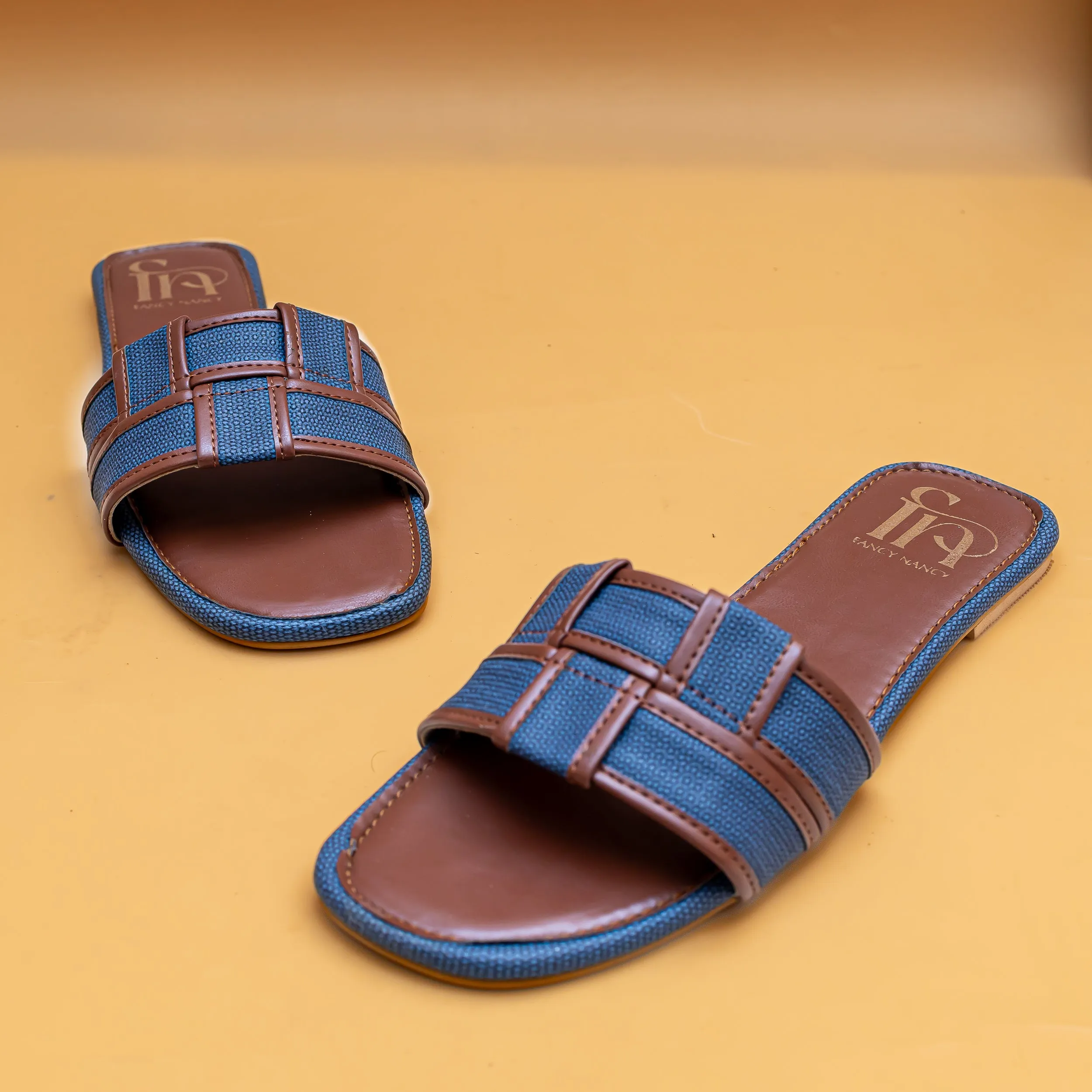 Woven Open Toe Flats - Tan/Blue