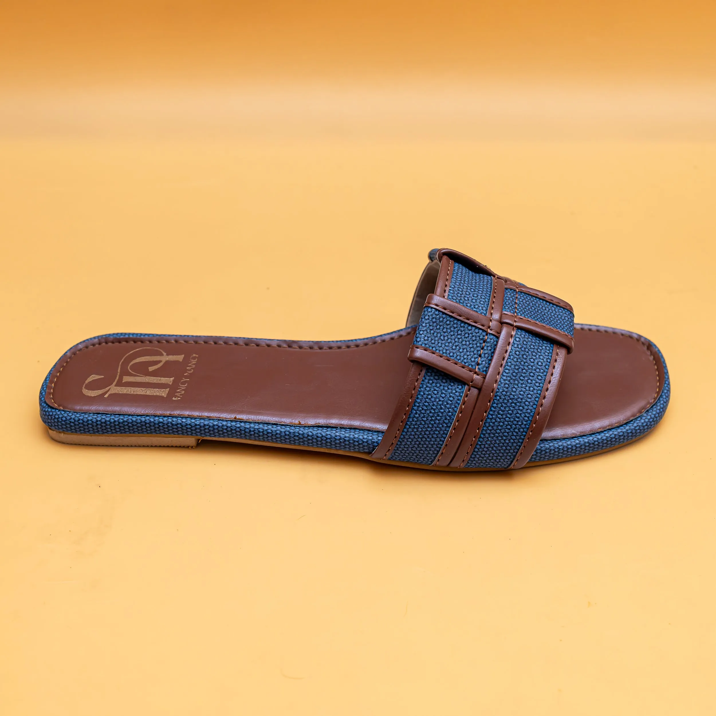 Woven Open Toe Flats - Tan/Blue