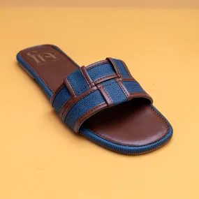 Woven Open Toe Flats - Tan/Blue