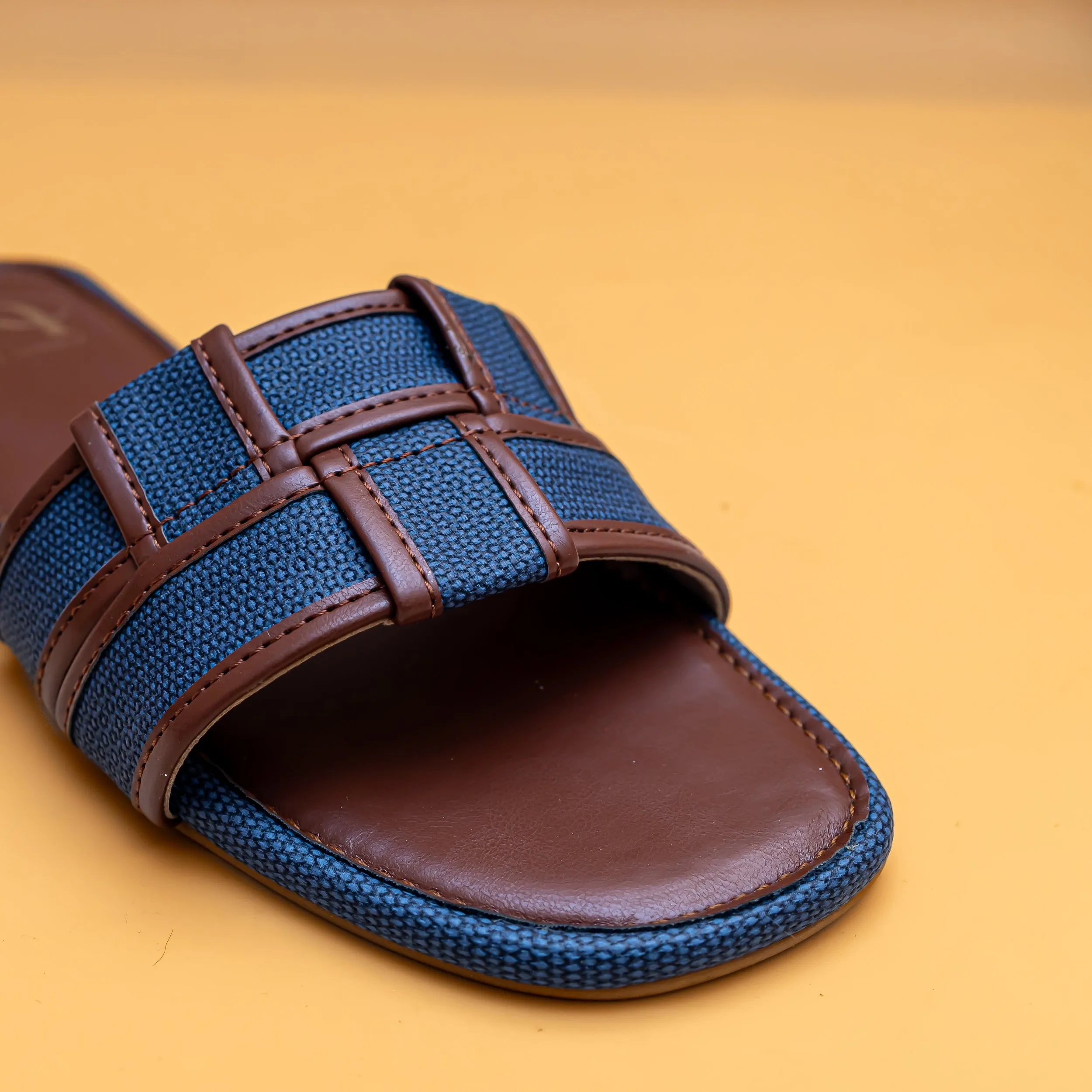 Woven Open Toe Flats - Tan/Blue