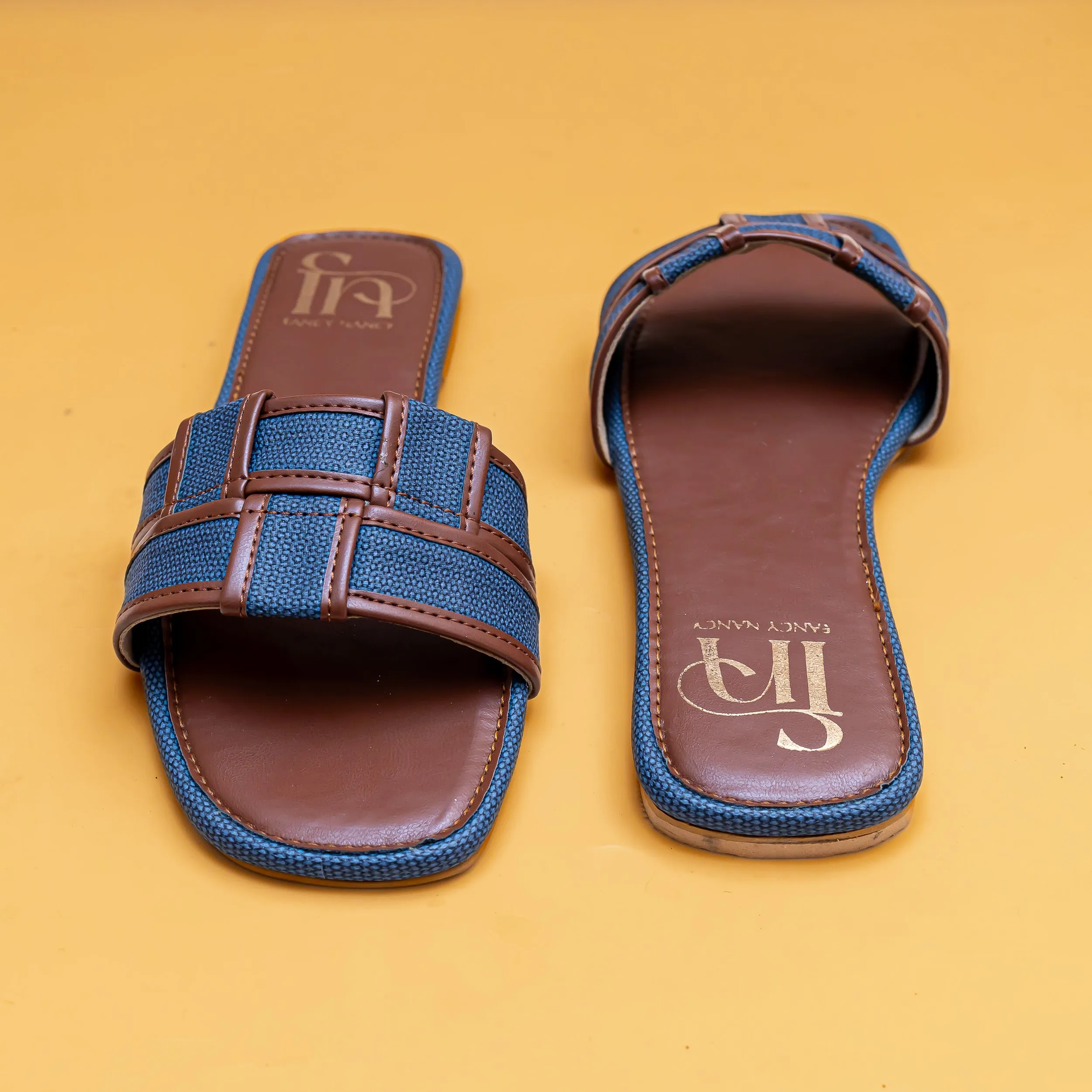 Woven Open Toe Flats - Tan/Blue