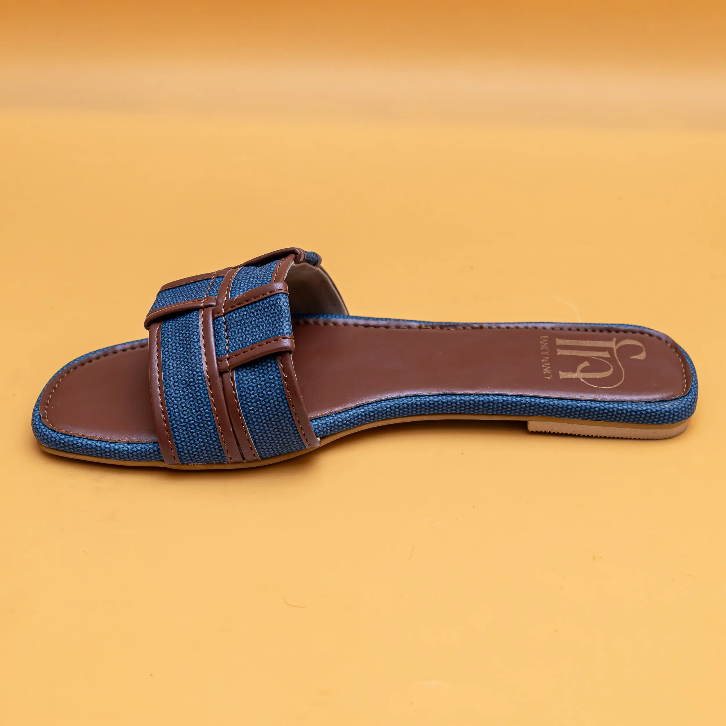 Woven Open Toe Flats - Tan/Blue